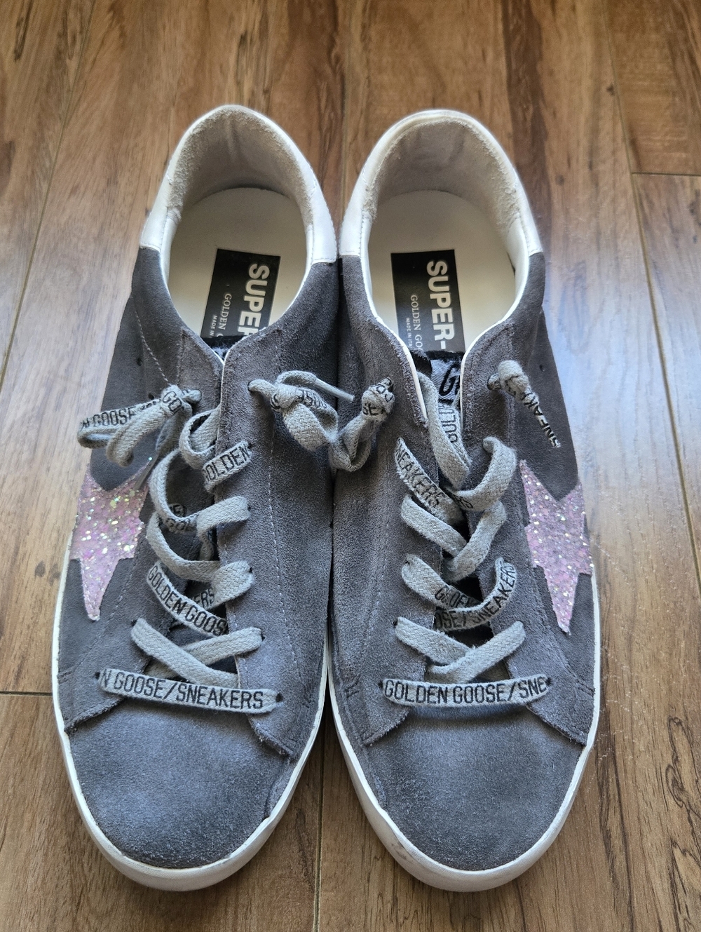 Golden Goose Super Star Grey Suede Sneakers with Pink Glitter Star 40, 9.5